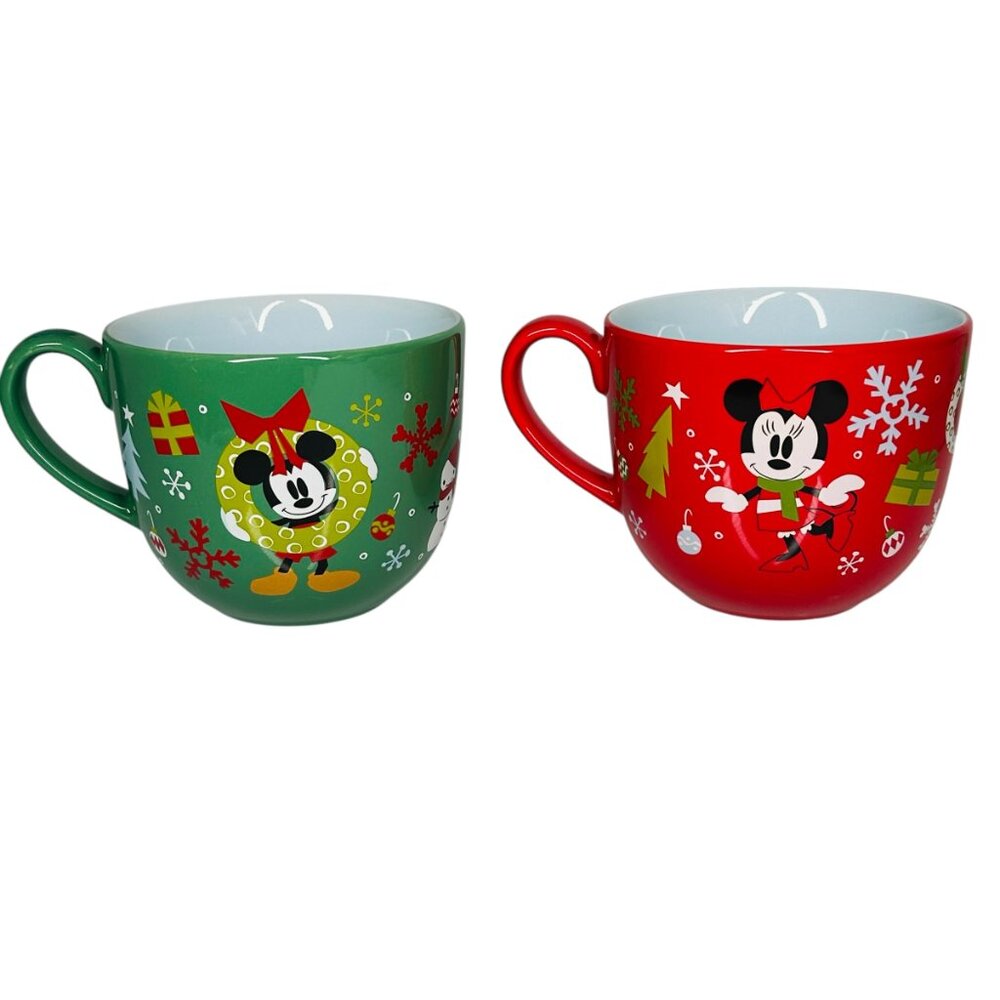 Disney Store Christmas Minnie Mickey Mouse Large Coffee Tea Mugs Set of 2
